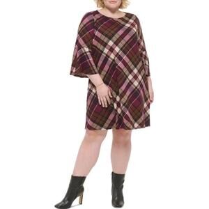 Jessica Howard Plaid Flare Sleeve Shift Dress Women 3X Plus Fall Brown Purple